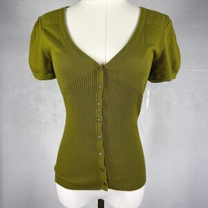 NWT Y2K Susina Olive Ribbed Cottage‎ Knit Top Coquette Preppy Puff Sleeve Sz M